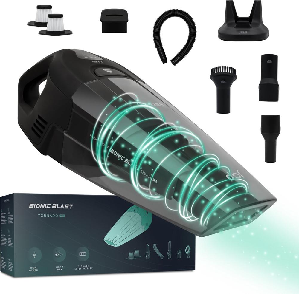 Afbeelding van de Bionic Blast Tornado S2 handheld stofzuiger, vergezeld van verschillende accessoires zoals filters en zuigmonden. De stofzuiger heeft een modern ontwerp en wordt weergegeven met een verpakking die belangrijke informatie over de producteigenschappen bevat.