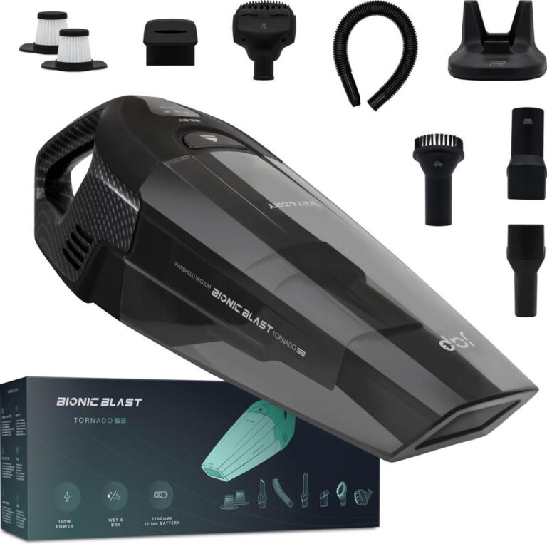 Afbeelding van de Bionic Blast Tornado S3 handstofzuiger, met diverse hulpstukken en de verpakking op de achtergrond. De stofzuiger heeft een modern ontwerp en is geschikt voor zowel natte als droge reiniging, met een krachtige accu van 2200mAh.