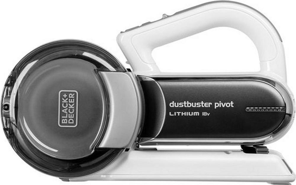Een handstofzuiger van het merk Black+Decker, model Dustbuster Pivot, met een wit en zwart ontwerp. De stofzuiger is voorzien van een lithiumbatterij van 18V en heeft een ergonomisch handvat voor eenvoudig gebruik.