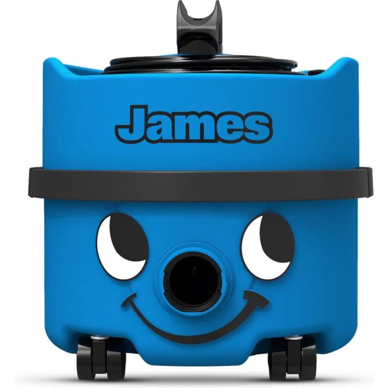 Een blauwe stofzuiger met een lachend gezicht en de naam 'James' op de voorkant. De stofzuiger is voorzien van zwarte wielen en een gladde afwerking.