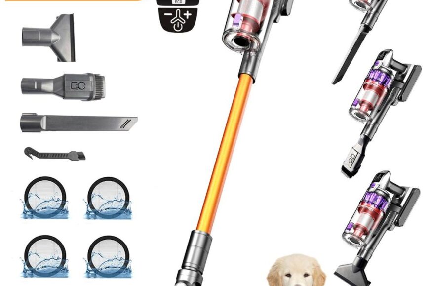 Draadloze stofzuiger met een krachtige zuigkracht van 60,000 PA, afgebeeld met verschillende accessoires voor veelzijdig gebruik. Naast de stofzuiger zijn er ook twee huisdieren, een hond en een kat, zichtbaar op de vloer.