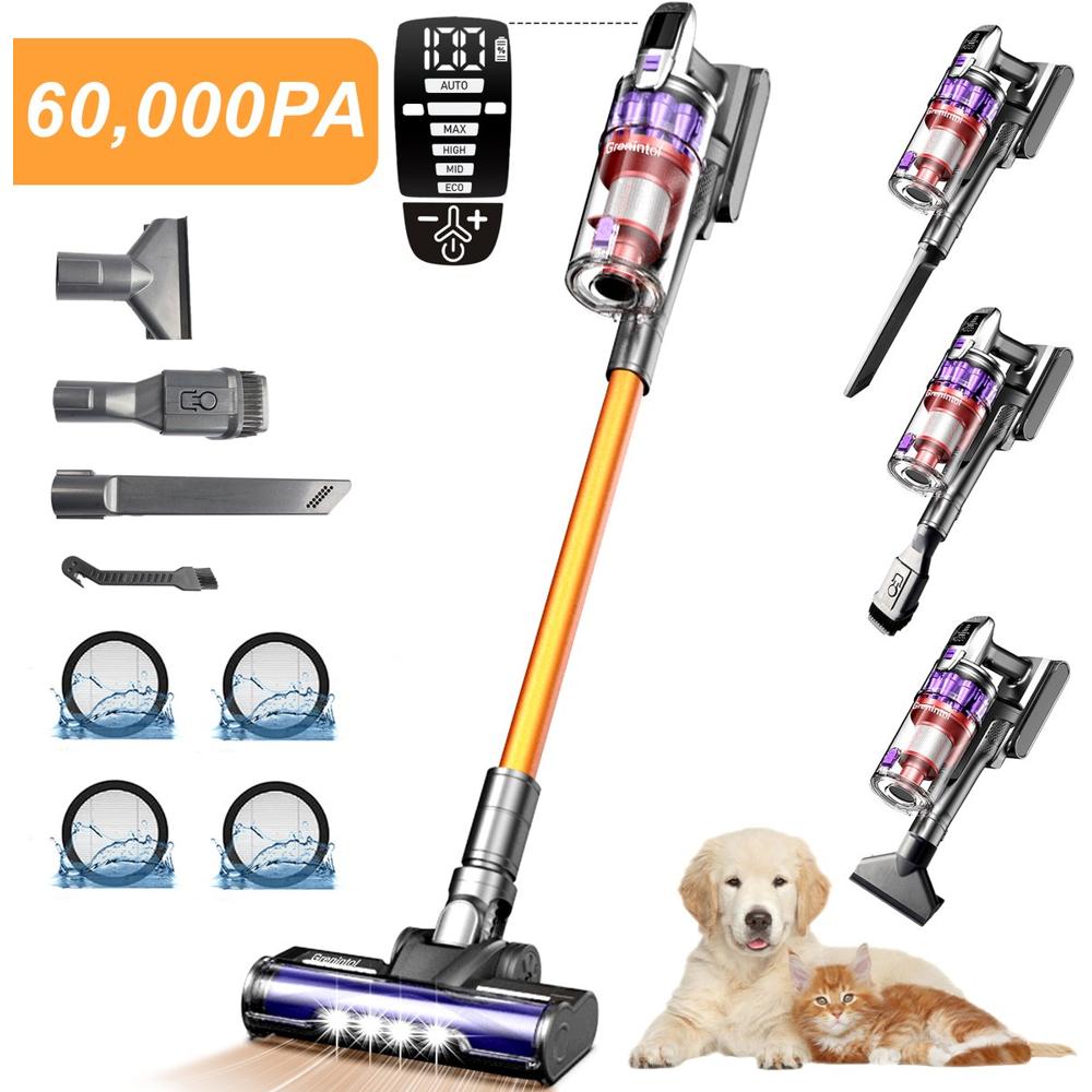 Draadloze stofzuiger met een krachtige zuigkracht van 60,000 PA, afgebeeld met verschillende accessoires voor veelzijdig gebruik. Naast de stofzuiger zijn er ook twee huisdieren, een hond en een kat, zichtbaar op de vloer.