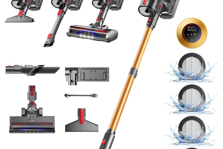 Afbeelding van een draadloze stofzuiger met verschillende accessoires, waaronder een borstel, een smalle mond en een multifunctionele zuigkop. De stofzuiger is uitgerust met een digitaal display en bevat filters voor optimale prestatie en stofverwijdering.