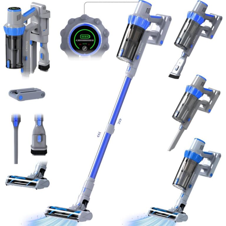 Afbeelding van een draadloze stofzuiger met verschillende opzetstukken, waaronder een vloermondstuk en een kleine borstel. De stofzuiger heeft een moderne uitstraling met een blauw en grijs kleurenschema en een batterij-indicator op de bovenkant.