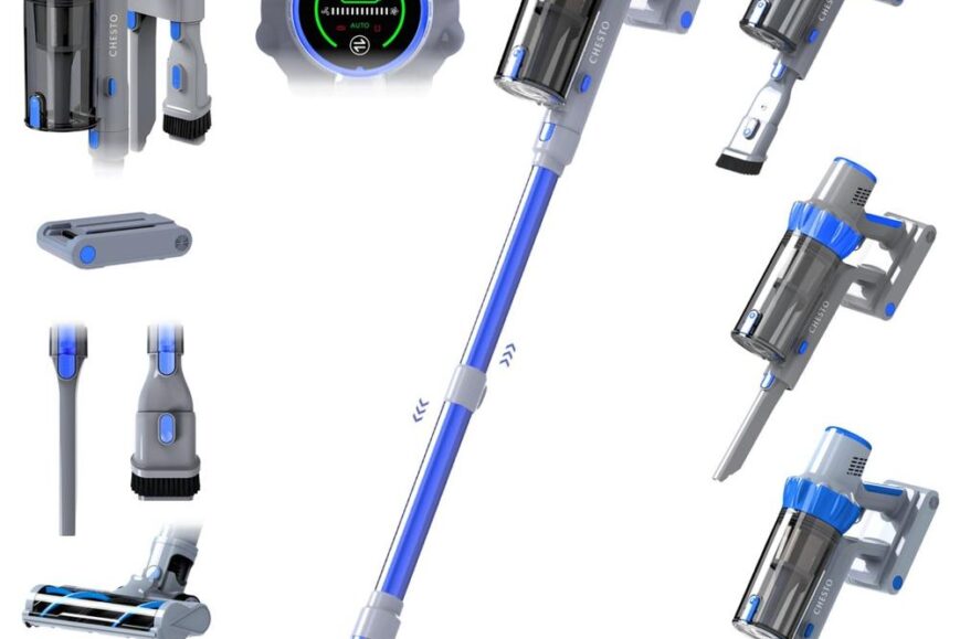 Afbeelding van een draadloze stofzuiger met verschillende opzetstukken, waaronder een vloermondstuk en een kleine borstel. De stofzuiger heeft een moderne uitstraling met een blauw en grijs kleurenschema en een batterij-indicator op de bovenkant.