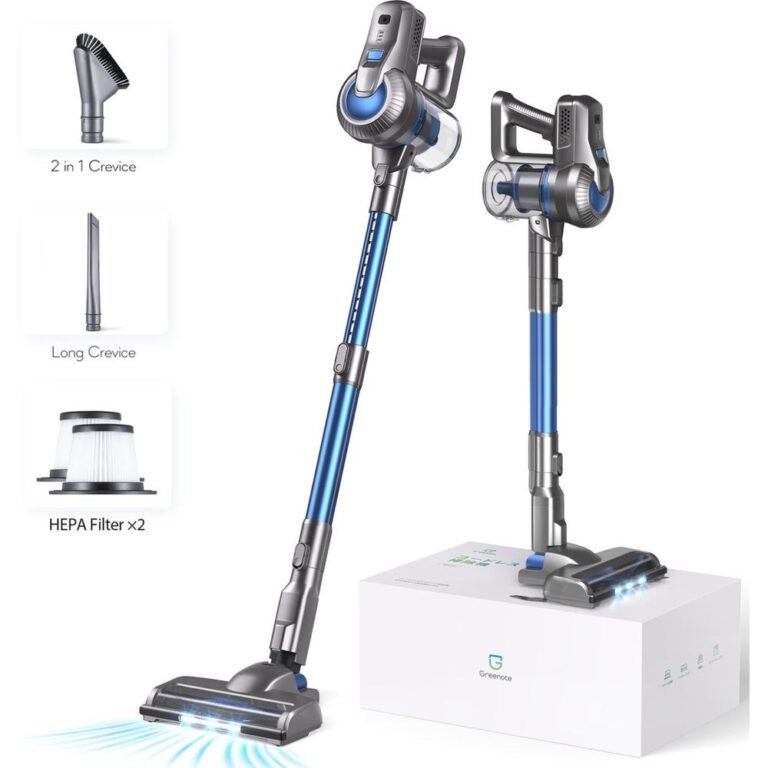 Draadloze stofzuiger met een blauw en zilver ontwerp, staand naast een productdoos. De afbeelding toont verschillende accessoires zoals een 2-in-1 kierenzuiger, lange kierenzuiger en HEPA-filters die bij de stofzuiger horen.