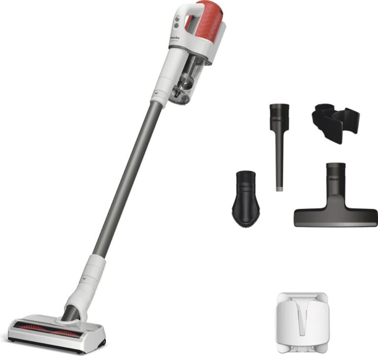 Draadloze stofzuiger van Miele met een slank ontwerp en meerdere accessoires, waaronder verschillende mondstukken voor diverse oppervlakken. De afbeelding toont de stofzuiger, een oplaadstation en extra handige hulpstukken voor efficiënt schoonmaken.