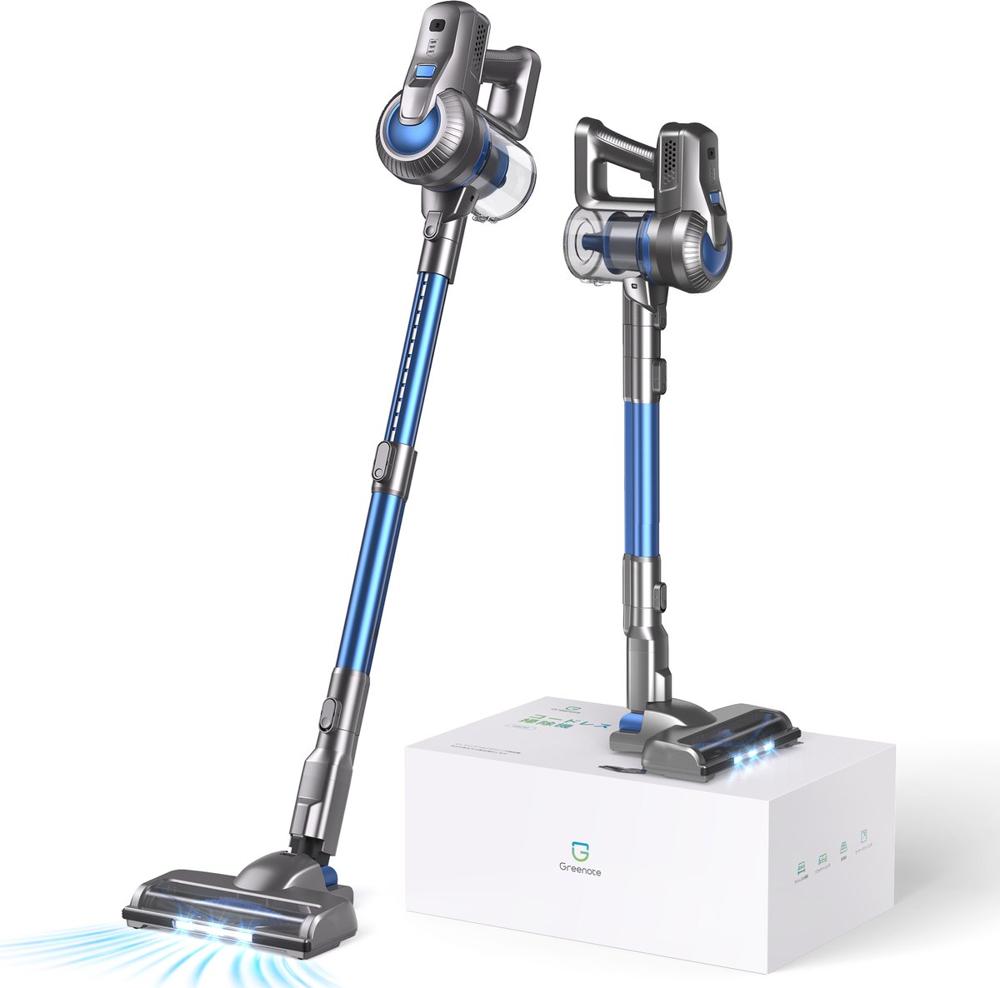 Draadloze stofzuiger met een modern design in blauw en zilver, geplaatst op een witte doos met instellingen. De stofzuiger heeft een handvat en een opzetstuk met verlichting voor het gemak van gebruik.
