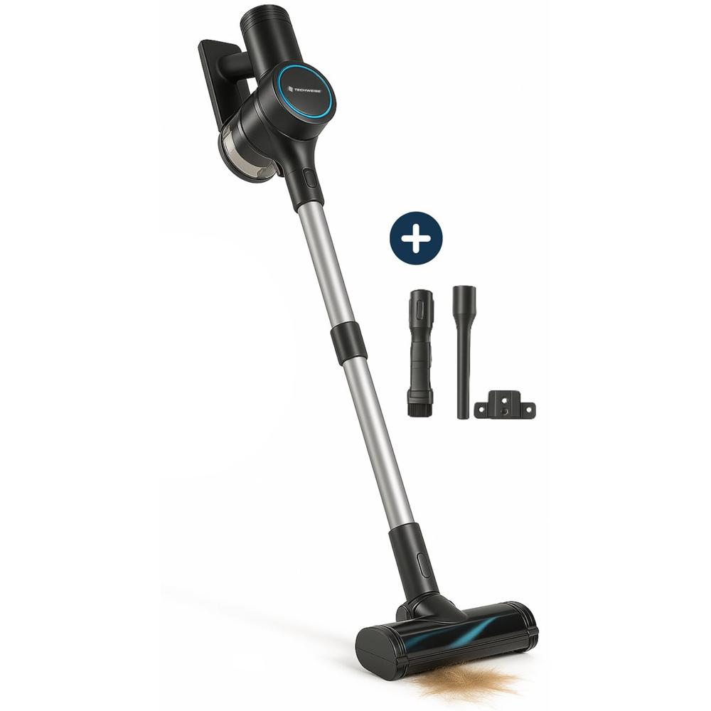 Afbeelding van een draadloze stofzuiger met een moderne uitstraling, compleet met een opzetstuk voor het schoonmaken van vloeren. Naast de stofzuiger zijn er ook accessoires zichtbaar, waaronder een mondstuk en een houder.