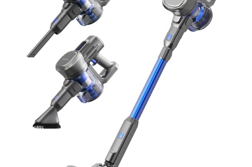 Draadloze stofzuiger set met verschillende accessoires, waaronder een verlengstuk met borstel en een kruimeldief. De stofzuiger heeft een moderne uitstraling met een combinatie van grijze en blauwe elementen.