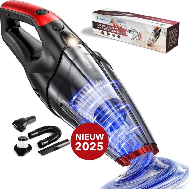 Afbeelding van een handstofzuiger, het model Cleanforce V2, met krachtige zuigkracht en verschillende accessoires. De stofzuiger heeft een moderne uitstraling met een doorzichtig stofreservoir en een opvallende rode en zwarte kleurstelling.