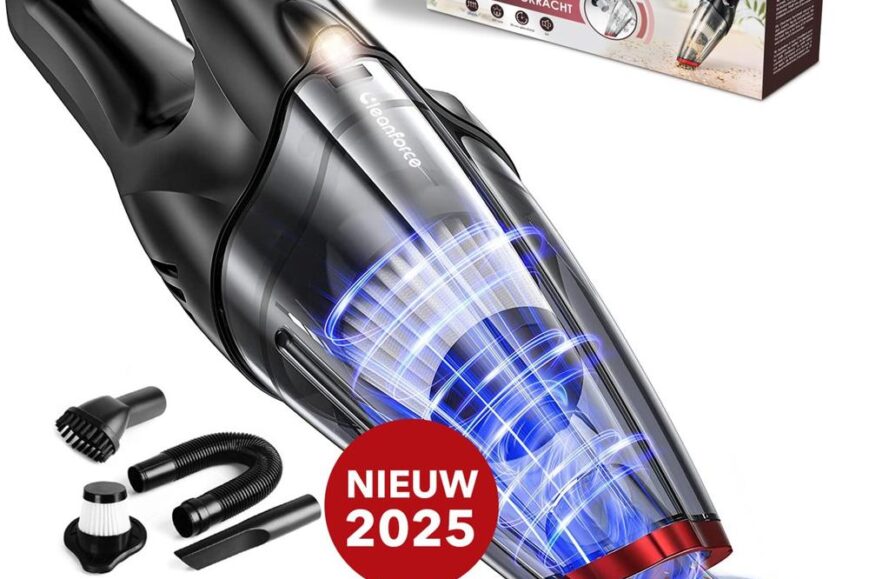 Afbeelding van een handstofzuiger, het model Cleanforce V2, met krachtige zuigkracht en verschillende accessoires. De stofzuiger heeft een moderne uitstraling met een doorzichtig stofreservoir en een opvallende rode en zwarte kleurstelling.