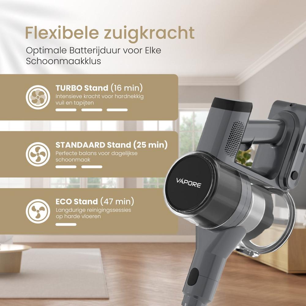 Afbeelding van een krachtige draadloze stofzuiger met drie verschillende zuigstanden: TURBO voor hardnekkig vuil, STANDAARD voor dagelijkse schoonmaak en ECO voor langdurige sessies. De achtergrond toont een moderne woonkamer met veel natuurlijk licht.