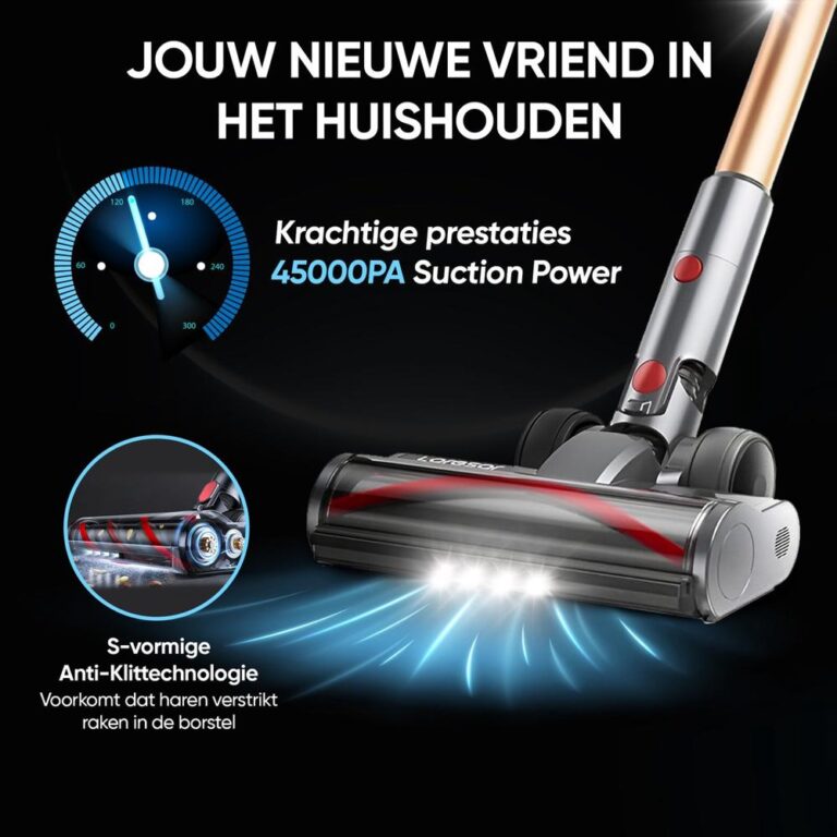 Afbeelding van een krachtige stofzuiger met een zuigkracht van 45000PA, ontworpen voor efficiënt huisonderhoud. De stofzuiger is uitgerust met een S-vormige anti-klittechnologie die voorkomt dat haren zich in de borstel verstrikken.