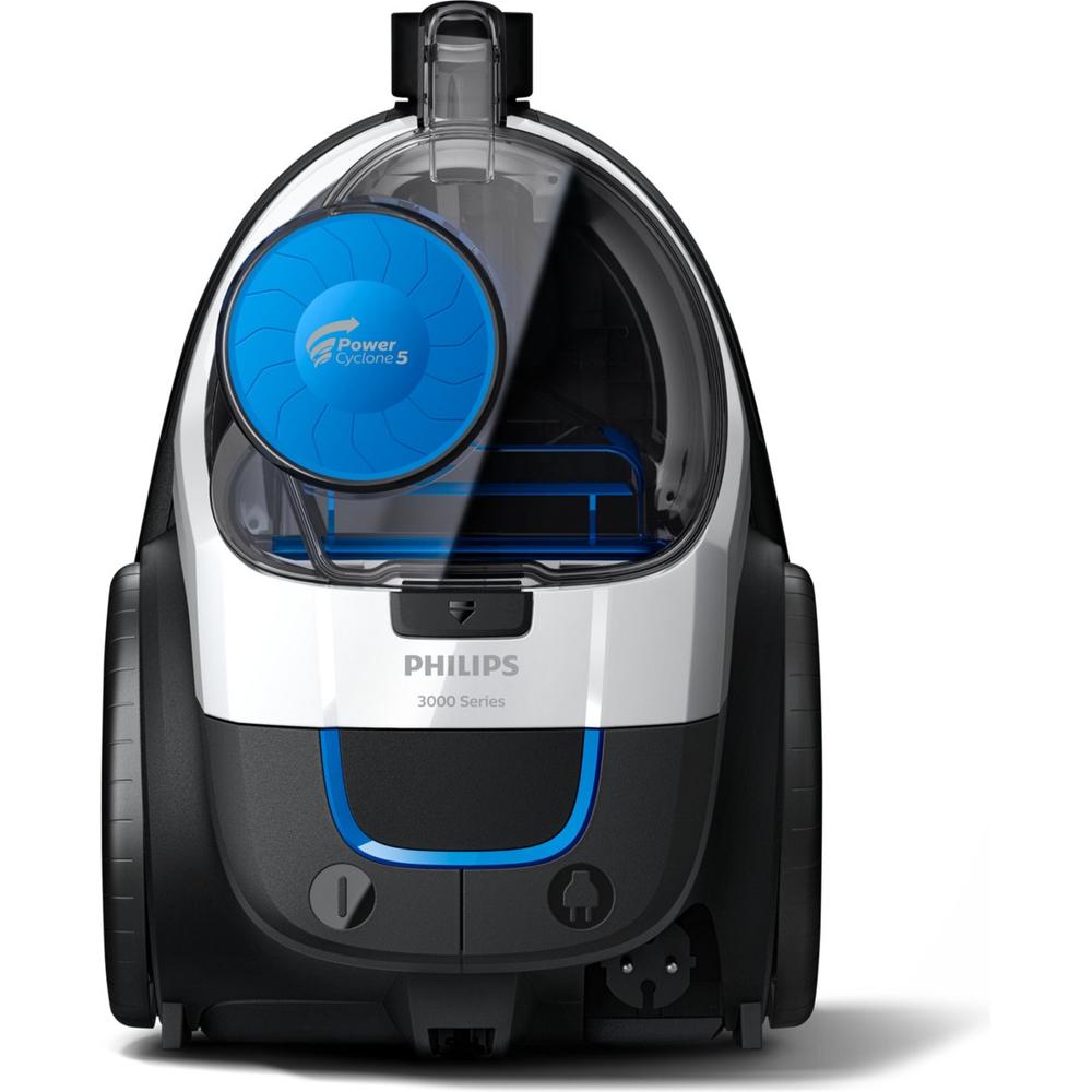 Een Philips 3000 Series stofzuiger met een transparante stofcontainer en een blauw Power Cyclone 5 systeem. De afbeelding toont de voorkant van het apparaat, dat is ontworpen voor efficiënt vuilopname en gebruiksgemak.