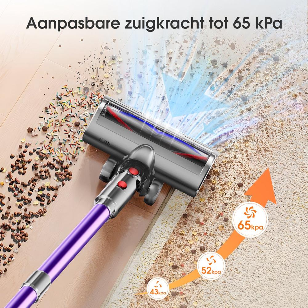 Afbeelding van een stofzuiger met een aanpasbare zuigkracht tot 65 kPa, die verschillende soorten vuil, zoals koffiedik en kleine deeltjes, van een houten vloer verzamelt. De stofzuiger heeft een moderne, paarse steel en toont visueel de variërende zuigkrachtinstellingen.