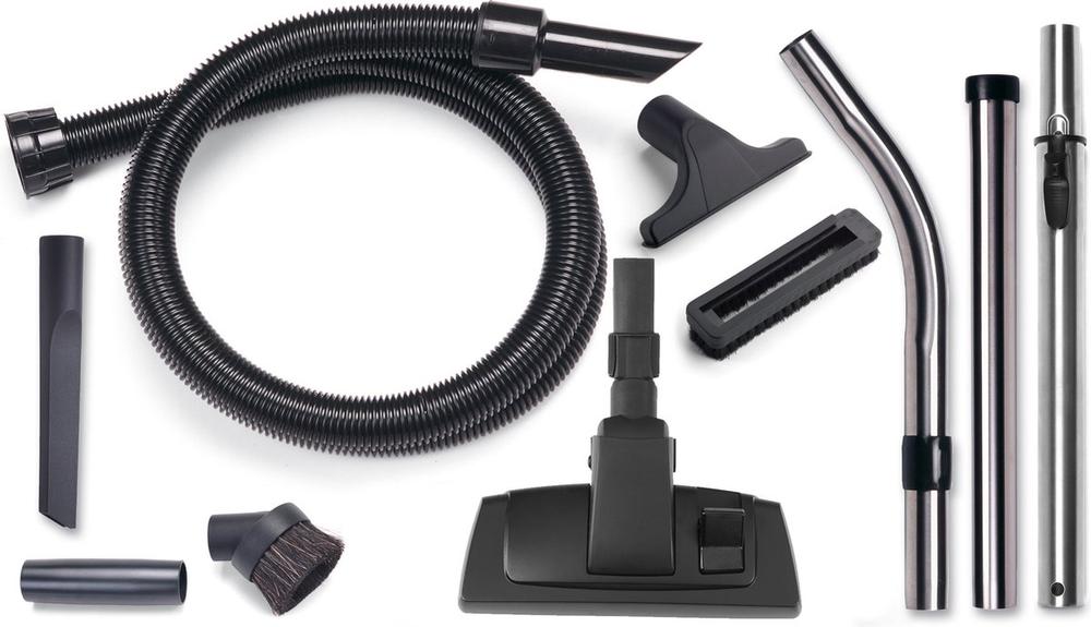 Afbeelding van verschillende stofzuigeraccessoires, waaronder een slang, buizen en diverse mondstukken. Deze accessoires zijn ontworpen voor het efficiënt reinigen van verschillende oppervlakken en hoeken in huis.