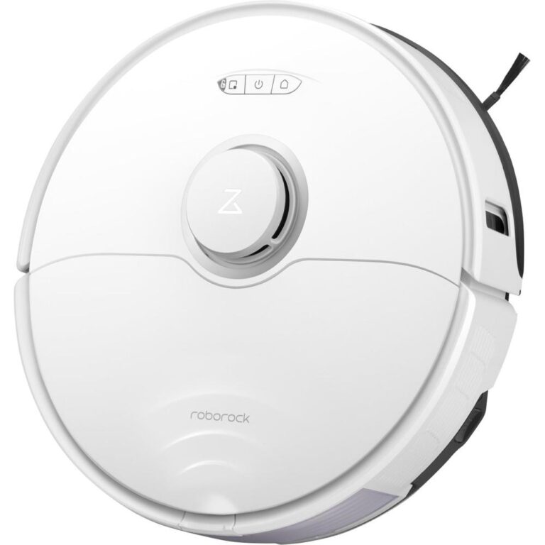 Een witte robotstofzuiger van het merk Roborock met een rond ontwerp en drukknoppen aan de bovenkant. De stofzuiger is uitgerust met een moderne uitstraling en efficiëntie voor het schoonmaken van verschillende vloeroppervlakken.
