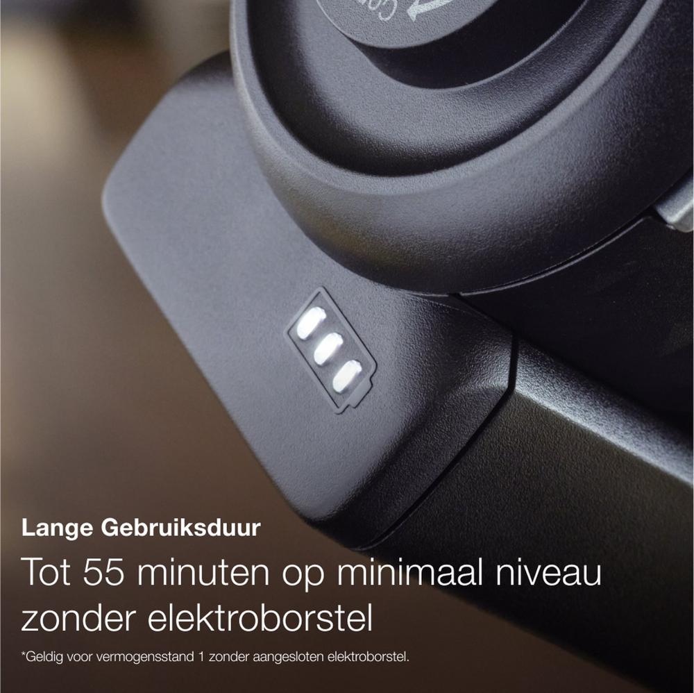 Afbeelding van een apparaat met een indicator voor de gebruiksduur, die aangeeft dat het tot 55 minuten kan functioneren op minimaal niveau zonder aangesloten elektroborstel. De tekst benadrukt de lange gebruiksduur en relevante informatie voor klanten over de specificaties van het product.