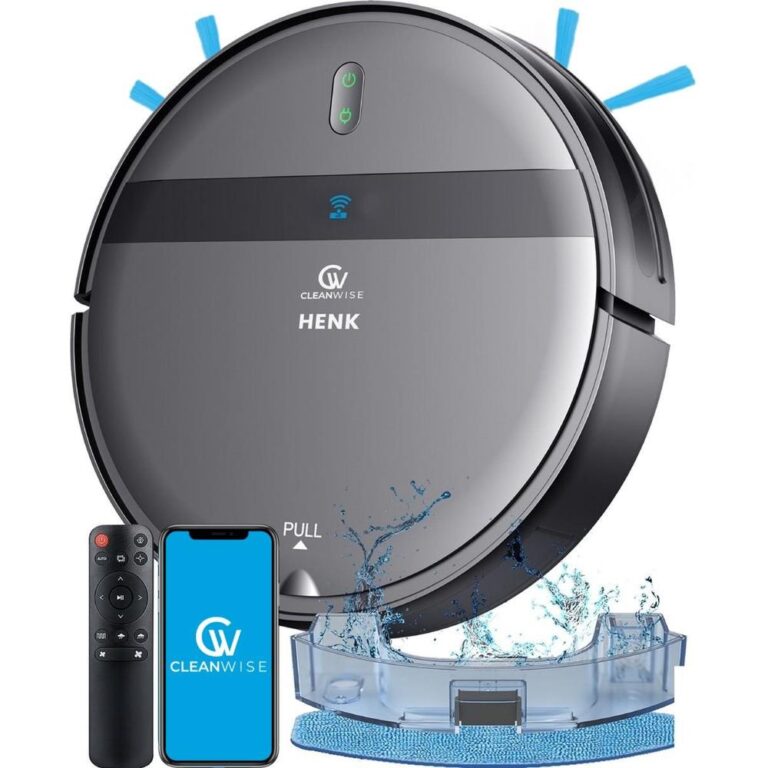 Een automatische stofzuiger met een modern ontwerp, voorzien van een afstandsbediening en een smartphone-app. De stofzuiger is uitgerust met een waterreservoir voor vochtige reiniging en heeft een elegante grijze afwerking.