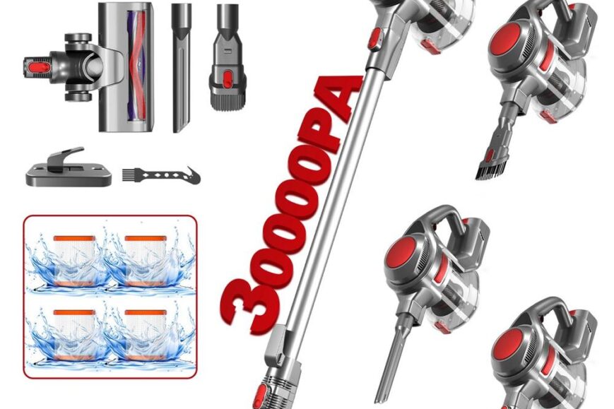Afbeelding van een borstelvrije stofzuiger met meerdere accessoires, waaronder verschillende mondstukken en een stofcontainer. De stofzuiger is ontworpen voor krachtige zuiging van 30.000 PA voor een efficiënte reiniging.