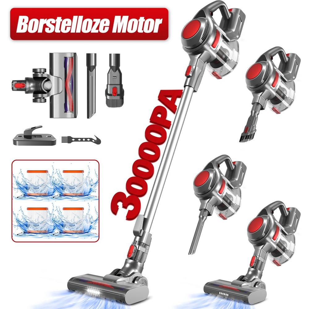 Afbeelding van een borstelvrije stofzuiger met meerdere accessoires, waaronder verschillende mondstukken en een stofcontainer. De stofzuiger is ontworpen voor krachtige zuiging van 30.000 PA voor een efficiënte reiniging.