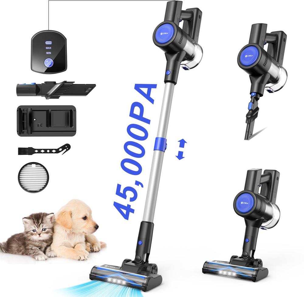 Een draadloze stofzuiger met een krachtige zuigkracht van 45.000 PA ligt naast twee schattige huisdieren, een kitten en een puppy. De afbeelding toont ook accessoires zoals een oplader, filters en een schoonmaakborstel, wat de veelzijdigheid van het apparaat benadrukt.