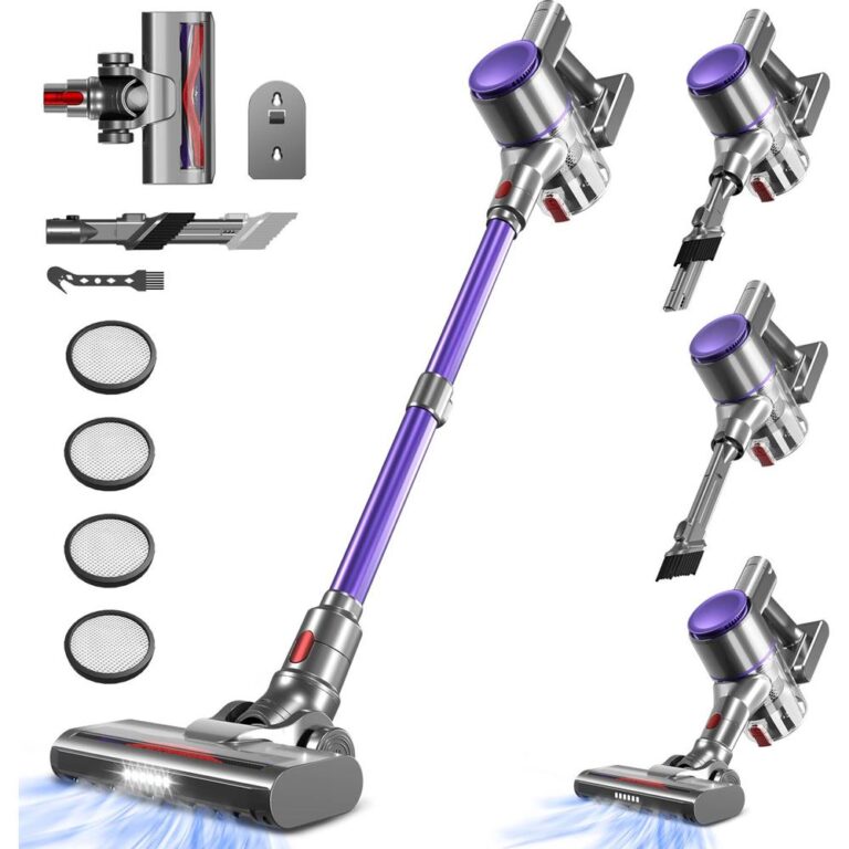 Draadloze stofzuiger met verschillende accessoires en filters, gepresenteerd in een overzichtelijke indeling. Het ontwerp omvat een stevige steel en een krachtige zuigkop voor efficiënte reiniging.