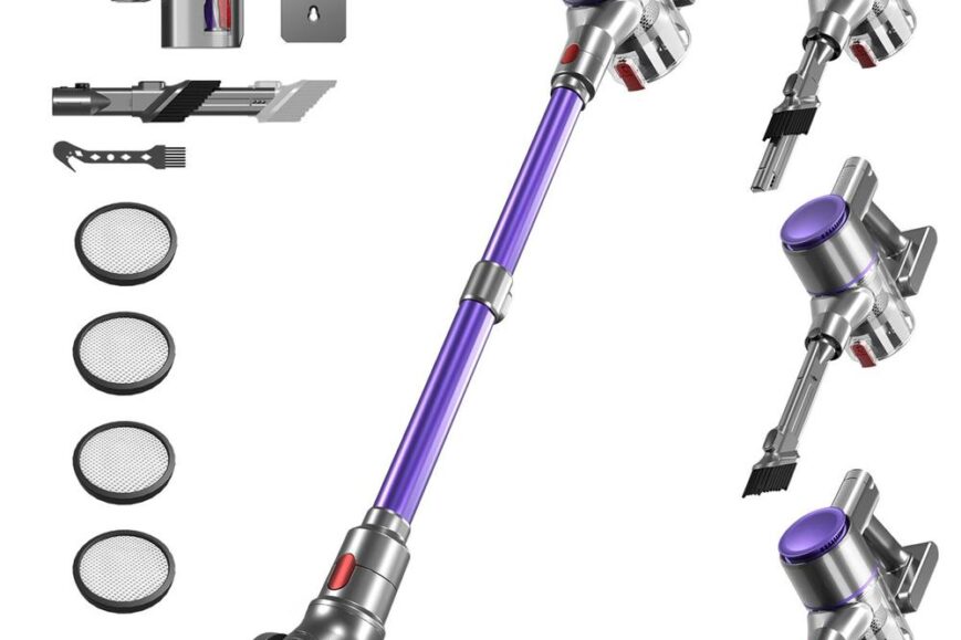 Draadloze stofzuiger met verschillende accessoires en filters, gepresenteerd in een overzichtelijke indeling. Het ontwerp omvat een stevige steel en een krachtige zuigkop voor efficiënte reiniging.