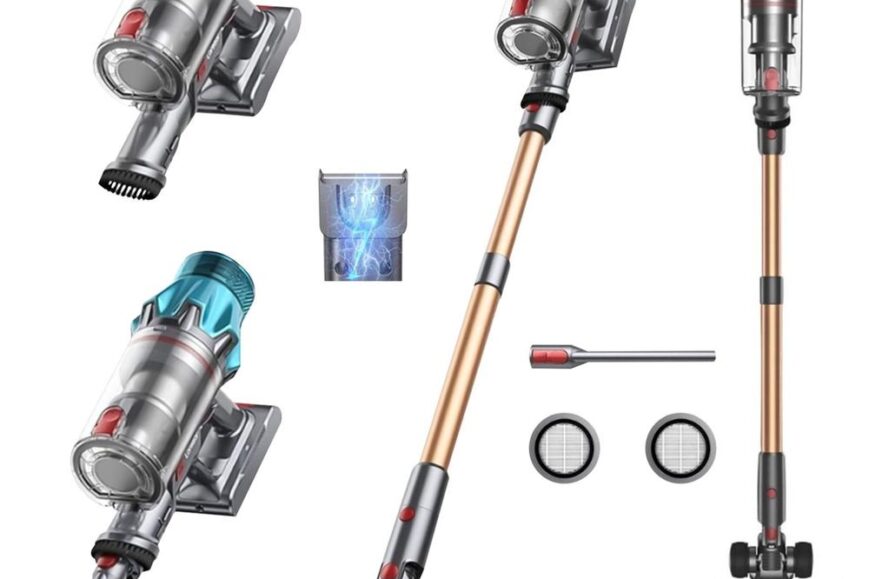 Draadloze stofzuiger met verschillende onderdelen en accessoires, waaronder een lange steel, een multifunctionele zuigmond en een gecombineerde stofcontainer. De afbeelding toont ook een symbolisch opladericoon en twee filters, wat wijst op de functionaliteit en veelzijdigheid van het apparaat.