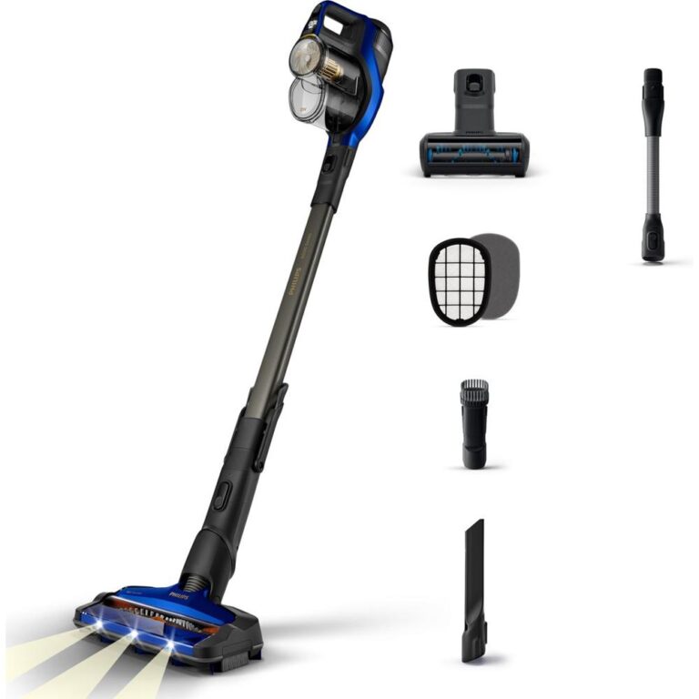 Draadloze stofzuiger in stijlvol blauw en zwart, met LED-verlichting aan de voorkant voor een betere zichtbaarheid tijdens het schoonmaken. Diverse accessoires en onderdelen zijn zichtbaar, waaronder een borstelkop, opzetstukken en filters, die de veelzijdigheid van het apparaat benadrukken.