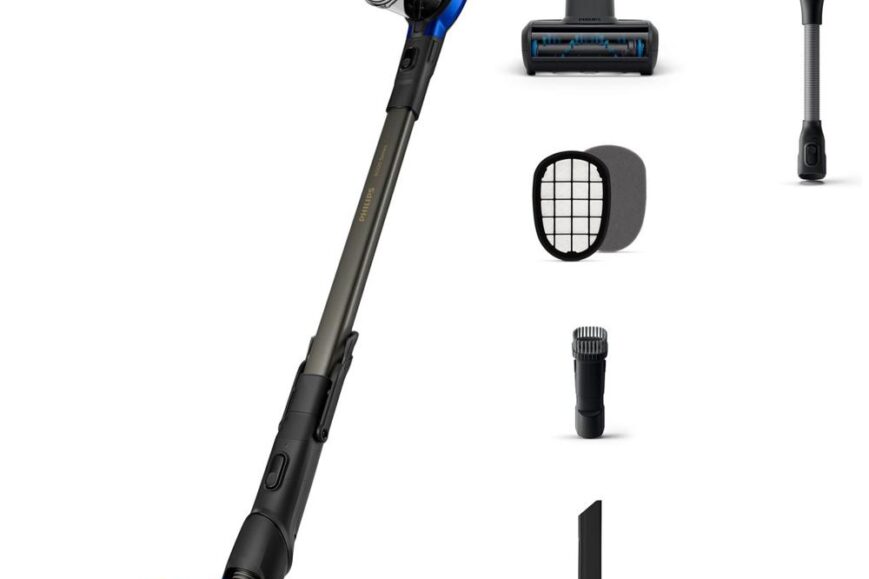 Draadloze stofzuiger in stijlvol blauw en zwart, met LED-verlichting aan de voorkant voor een betere zichtbaarheid tijdens het schoonmaken. Diverse accessoires en onderdelen zijn zichtbaar, waaronder een borstelkop, opzetstukken en filters, die de veelzijdigheid van het apparaat benadrukken.