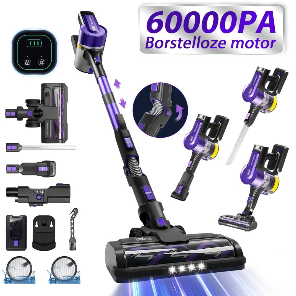 Draadloze stofzuiger met een borstelloze motor van 60000PA, vergezeld van verschillende accessoires zoals een muurbeugel en verschillende opzetstukken. De afbeelding toont het ontwerp van de stofzuiger in zwart en paars, samen met een digitale batterij-indicator.