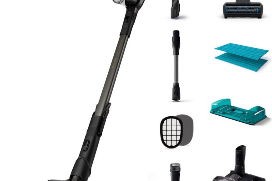 Afbeelding van een draadloze stofzuiger met diverse accessoires, waaronder een borsteltje, filters en een oplader. De stofzuiger heeft een modern ontwerp met verlichting aan de voorkant voor gebruik in donkere ruimtes.