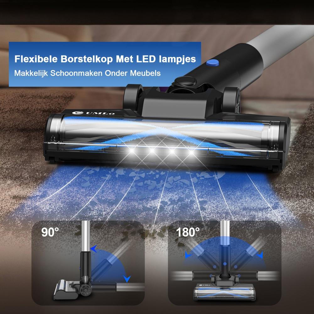 Afbeelding van een flexibele borstelkop met LED-lampen voor een stofzuiger, ontworpen voor eenvoudig schoonmaken onder meubels. De borstelkop toont een 90° en 180° draaimechanisme, wat de manoeuvreerbaarheid vergemakkelijkt.