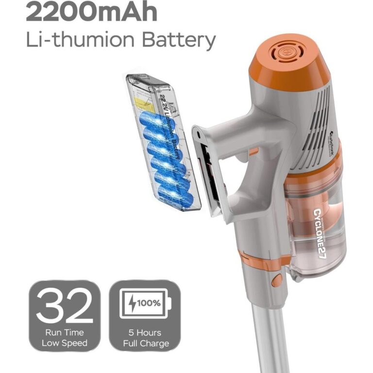Afbeelding van een handstofzuiger met een 2200mAh lithium-ion batterij, waaronder informatie over de batterijcapaciteit en oplaadtijden. De stofzuiger is ontworpen voor gebruiksgemak en heeft een duidelijk zichtbare batterij-indicator.