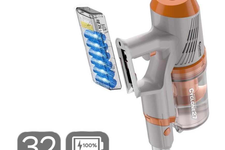 Afbeelding van een handstofzuiger met een 2200mAh lithium-ion batterij, waaronder informatie over de batterijcapaciteit en oplaadtijden. De stofzuiger is ontworpen voor gebruiksgemak en heeft een duidelijk zichtbare batterij-indicator.