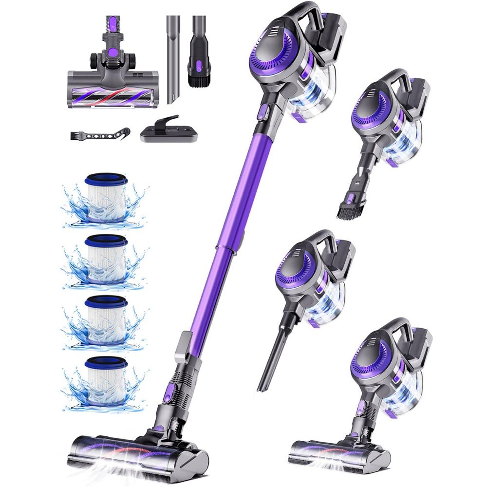 Handstofzuiger met verschillende accessoires, waaronder een ergonomisch handvat en verwisselbare borstels. De afbeelding toont ook meerdere filters die geschikt zijn voor het apparaat, met een opvallende paarse kleur.