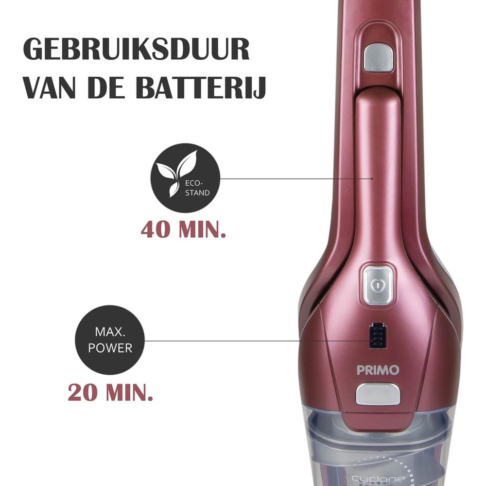 Afbeelding van een handstofzuiger met een glanzende roestkleurige afwerking, waarop de gebruiksduur van de batterij is aangegeven. De batterijduur in eco-stand is 40 minuten en in maximale kracht is het 20 minuten.