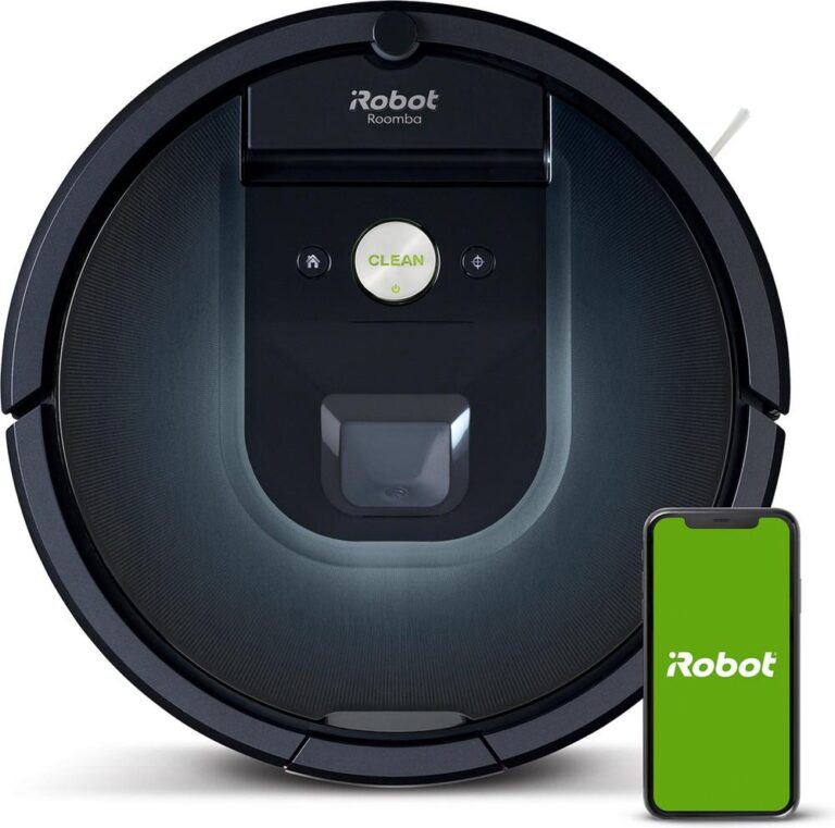 Een iRobot Roomba stofzuiger met een oplichtende "CLEAN" knop, naast een smartphone met het iRobot-logo op een groene achtergrond. Deze afbeelding illustreert de moderne technologie van robotstofzuigers en hun bediening via een app.