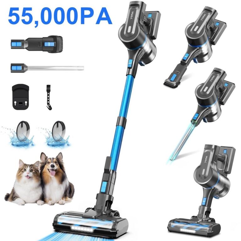Een krachtige draadloze stofzuiger met een zuigkracht van 55,000PA, weergegeven met verschillende accessoires zoals een borstel en verlengstuk. De afbeelding toont ook twee vrolijke katten die op de achtergrond zitten, wat wijst op de geschiktheid van het apparaat voor huisdieren.