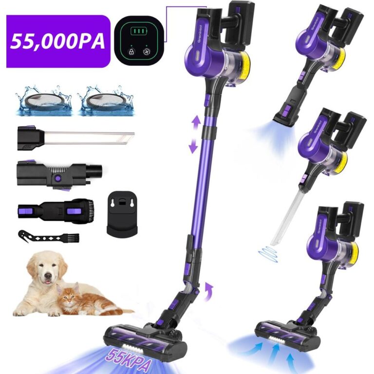 Een moderne draadloze stofzuiger in paars en zwart met accessoires, waaronder verschillende mondstukken en een display met de zuigkracht van 55,000 PA. Op de achtergrond zijn een hond en een kat te zien, wat de geschiktheid van de stofzuiger voor huisdieren benadrukt.