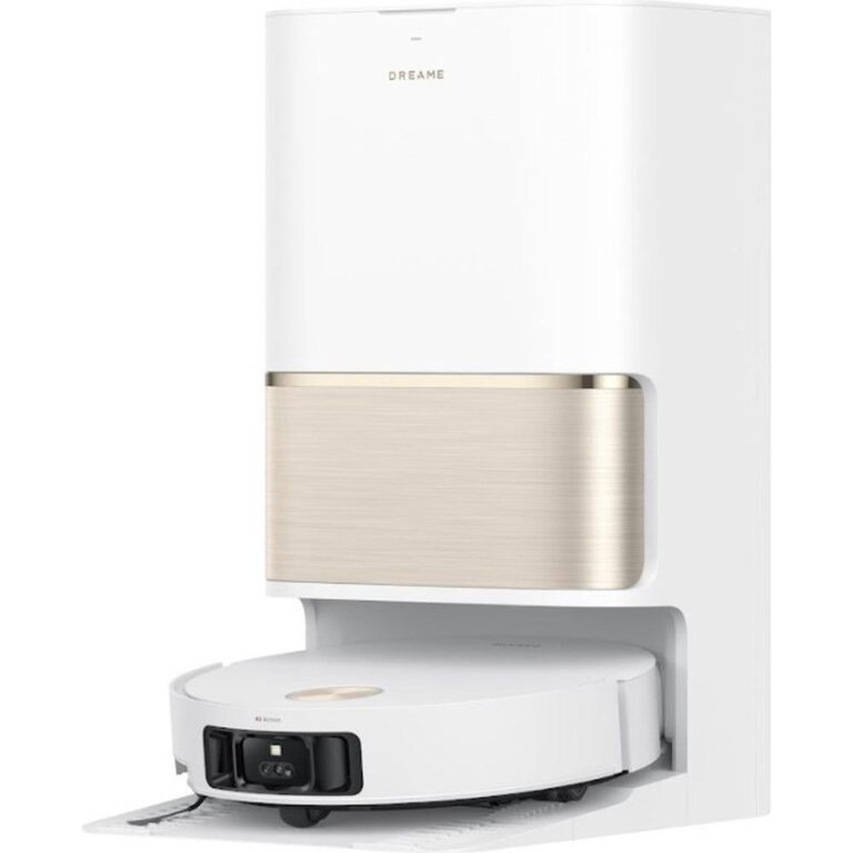 Een moderne robotstofzuiger van het merk Dreame staat in zijn oplader. De stofzuiger heeft een wit ontwerp met een metalen gouden accent aan de bovenkant.