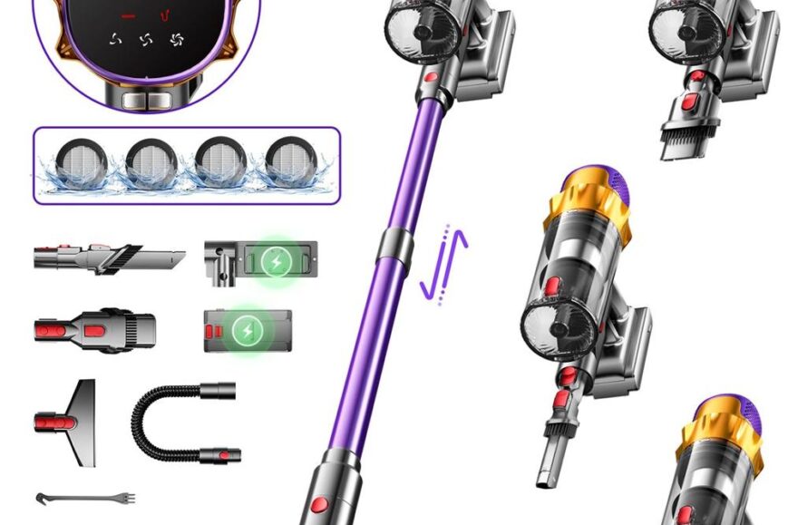 Afbeelding van een moderne, veelzijdige stofzuiger met een slank design in paars en zilver, compleet met verschillende accessoires en een LED-display dat de batterijstatus aangeeft. De stofzuiger is uitgerust met meerdere opzetstukken, waaronder een borsteltje en een lange slang, voor diverse schoonmaaktaken.