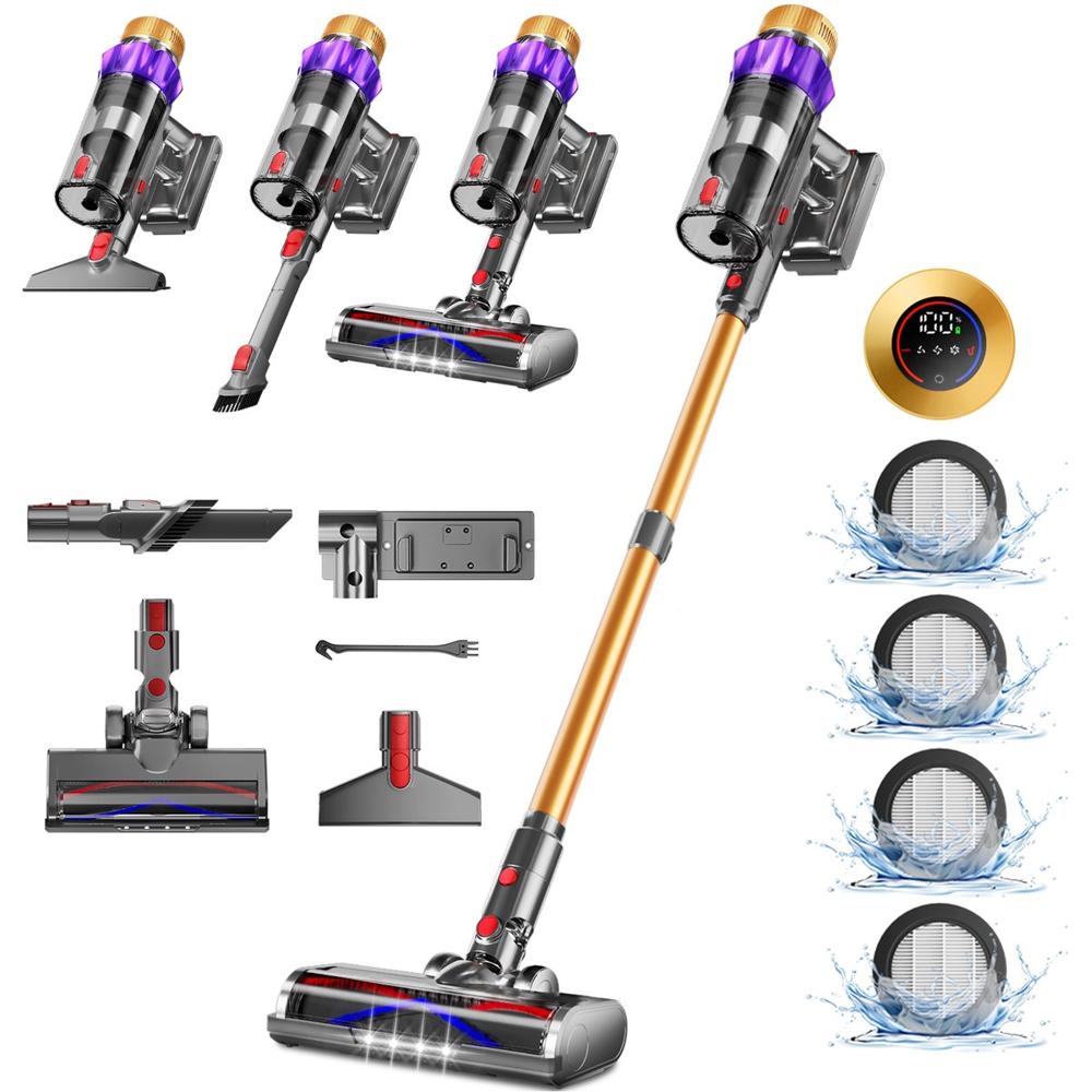 Afbeelding van een multifunctionele stofzuiger met verschillende accessoires, waaronder een vloerborstel en een kruimeldief. De stofzuiger heeft een moderne uitstraling met een goudkleurige en paarse afwerking, en is uitgerust met een digitaal display voor gebruiksgemak.