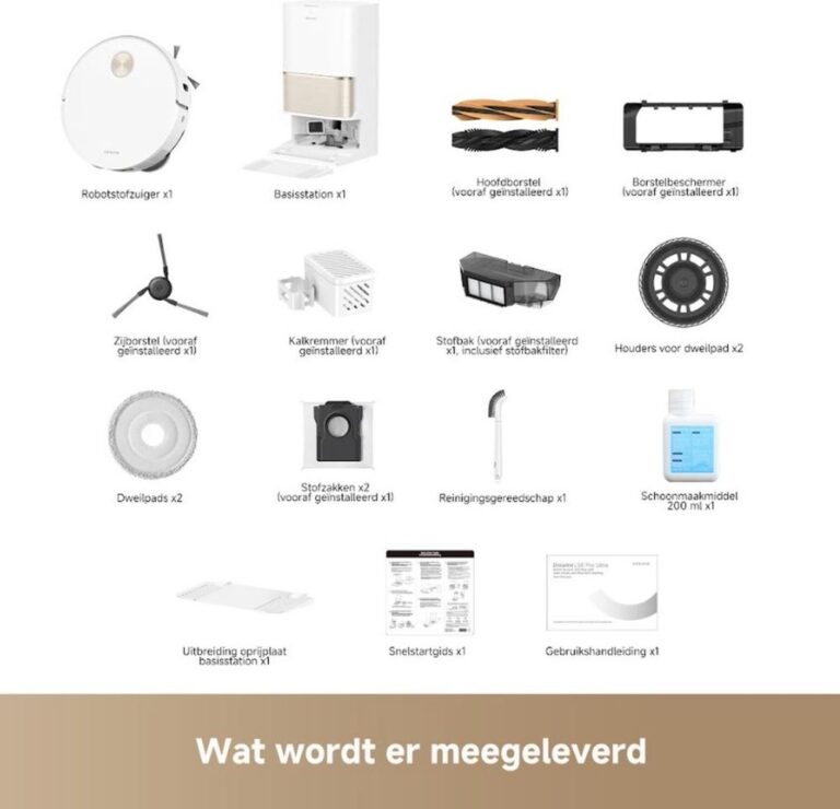Afbeelding van de accessoires en onderdelen die zijn meegeleverd met een robotstofzuiger, waaronder de stofzuiger zelf, een basisstation, verschillende borstels en reinigingsmaterialen. Onderaan staat enige informatie over wat er in de verpakking te vinden is, met een focus op gebruiksgemak.