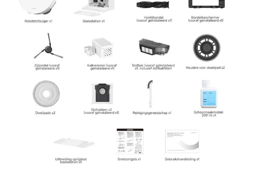 Afbeelding van de accessoires en onderdelen die zijn meegeleverd met een robotstofzuiger, waaronder de stofzuiger zelf, een basisstation, verschillende borstels en reinigingsmaterialen. Onderaan staat enige informatie over wat er in de verpakking te vinden is, met een focus op gebruiksgemak.