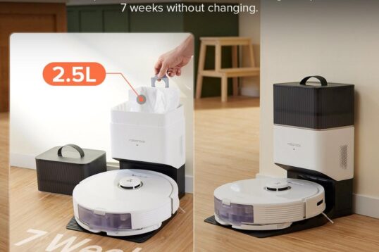 Afbeelding van een robotstofzuiger die automatisch stof en vuil in een 2,5 liter stofzak leegt. De stofzuiger staat op een houten vloer en kan tot zeven weken zonder vervangen van de zak worden gebruikt.