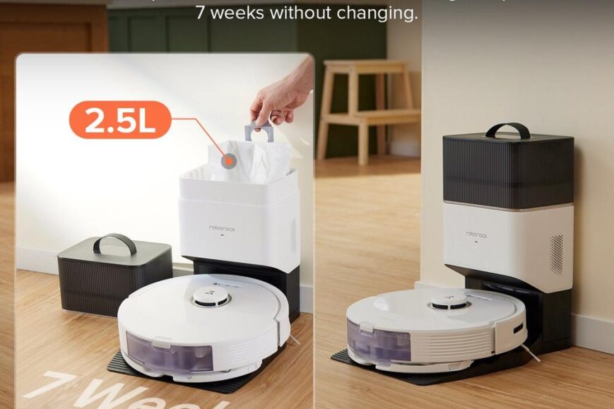 Afbeelding van een robotstofzuiger die automatisch stof en vuil in een 2,5 liter stofzak leegt. De stofzuiger staat op een houten vloer en kan tot zeven weken zonder vervangen van de zak worden gebruikt.