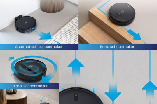Afbeelding van een robotstofzuiger met diverse schoonmaakopties, waaronder automatisch, rand, spiraal, handmatig en zig-zag. De robot is gepositioneerd in een moderne woonomgeving, met voorbeelden van de verschillende schoonmaakinstellingen geïllustreerd.